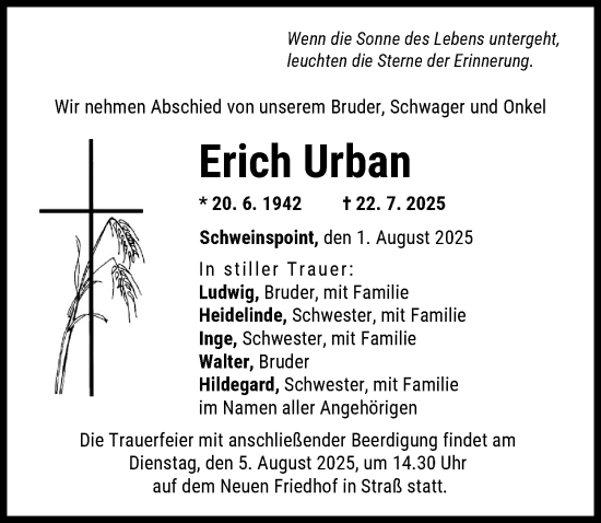 Traueranzeige von Erich Urban von Donauwörther Zeitung