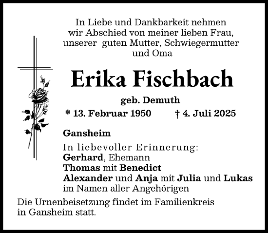 Traueranzeige von Erika Fischbach von Donauwörther Zeitung