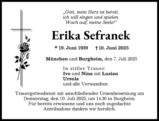 Traueranzeige von Erika Sefranek von Neuburger Rundschau
