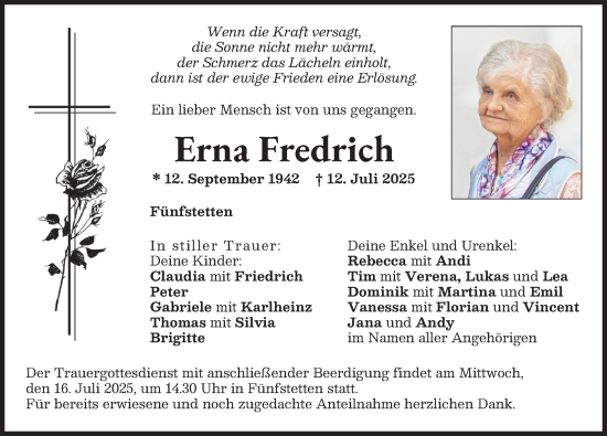 Traueranzeige von Erna Fredrich von Donauwörther Zeitung