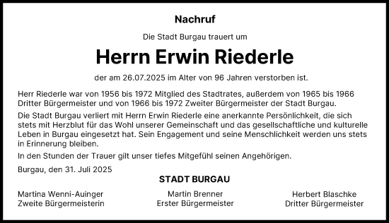 Traueranzeige von Erwin Riederle von Günzburger Zeitung