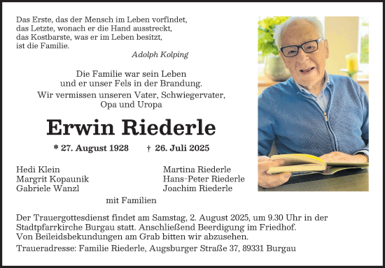 Traueranzeige von Erwin Riederle von Günzburger Zeitung
