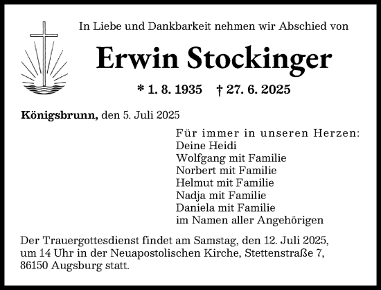 Traueranzeige von Erwin Stockinger von Augsburger Allgemeine