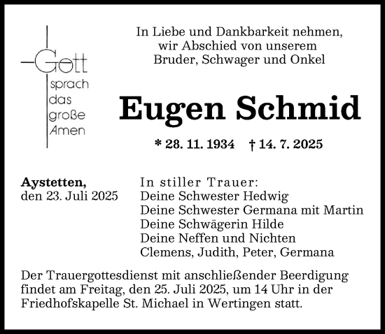 Traueranzeige von Eugen Schmid von Augsburger Allgemeine