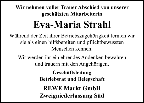 Traueranzeige von Eva-Maria Strahl von Augsburger Allgemeine