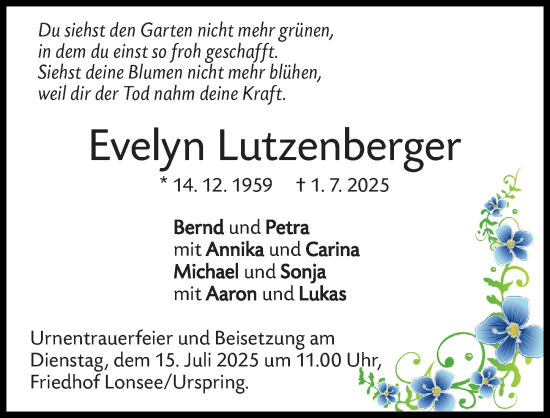 Traueranzeige von Evelyn Lutzenberger von Günzburger Zeitung
