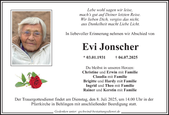 Traueranzeige von Evi Jonscher von Günzburger Zeitung, Mittelschwäbische Nachrichten