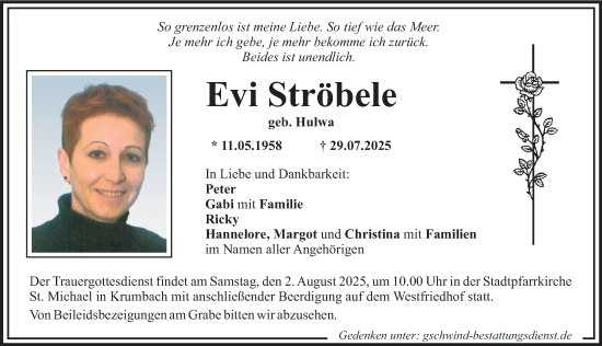 Traueranzeige von Evi Ströbele von Günzburger Zeitung, Mittelschwäbische Nachrichten