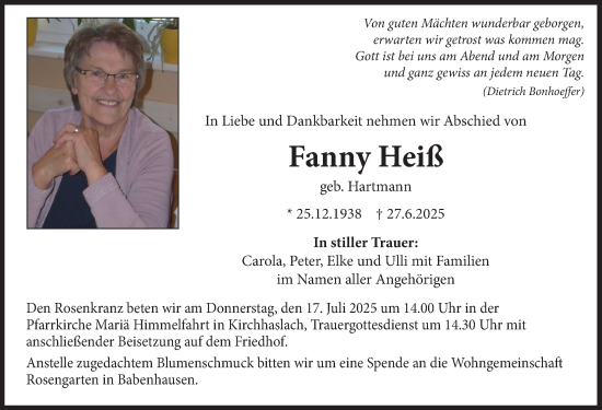 Traueranzeige von Fanny Heiß von Illertisser Zeitung