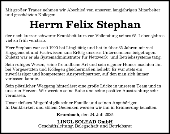 Traueranzeige von Felix Stephan von Mittelschwäbische Nachrichten