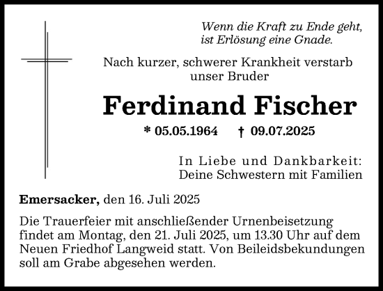 Traueranzeige von Ferdinand Fischer von Augsburger Allgemeine