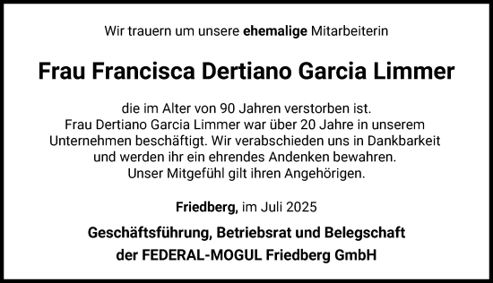 Traueranzeige von Francisca Dertiano Garcia Limmer von Friedberger Allgemeine