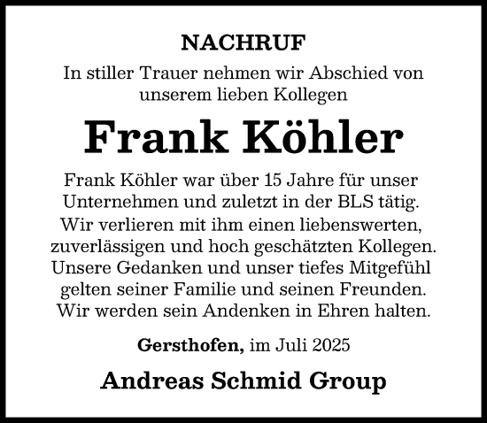 Traueranzeige von Frank Köhler von Augsburger Allgemeine, Donauwörther Zeitung
