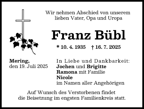 Traueranzeige von Franz Bübl von Friedberger Allgemeine
