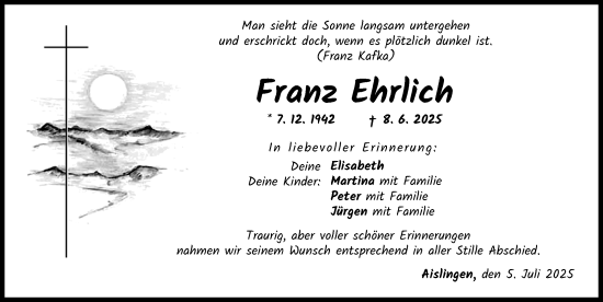 Traueranzeige von Franz Ehrlich von Donau Zeitung