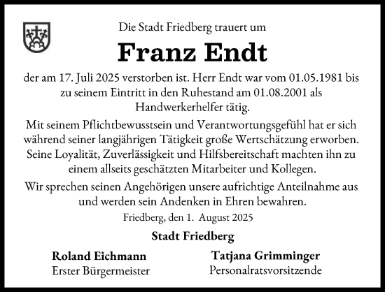 Traueranzeige von Franz Endt von Friedberger Allgemeine
