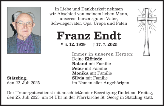 Traueranzeige von Franz Endt von Friedberger Allgemeine