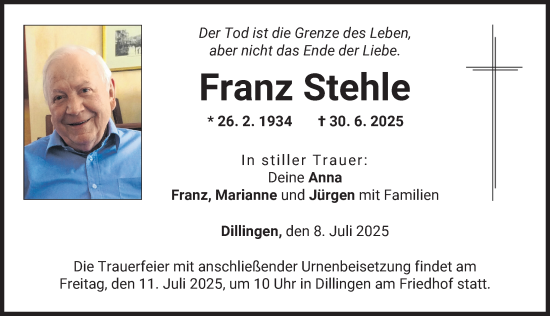 Traueranzeige von Franz Stehle von Donau Zeitung