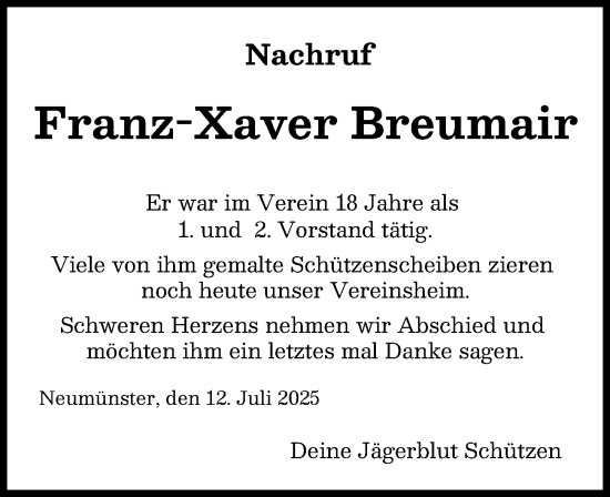 Traueranzeige von Franz-Xaver Breumair von Augsburg-Land