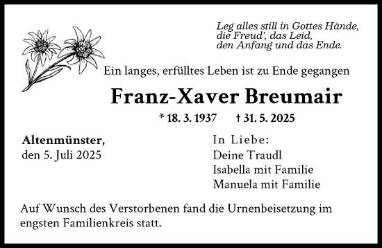 Traueranzeige von Franz-Xaver Breumair von Augsburg-Land