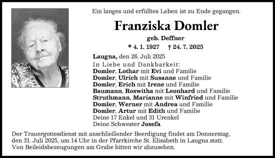 Traueranzeige von Franziska Domler von Wertinger Zeitung
