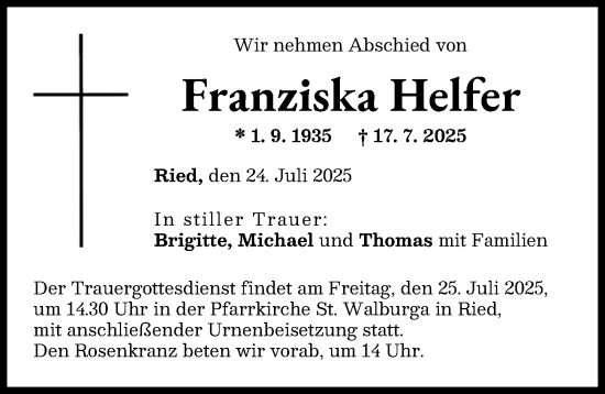 Traueranzeige von Franziska Helfer von Friedberger Allgemeine