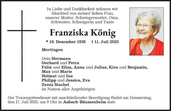 Traueranzeige von Franziska König von Donauwörther Zeitung
