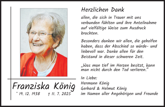 Traueranzeige von Franziska König von Donauwörther Zeitung