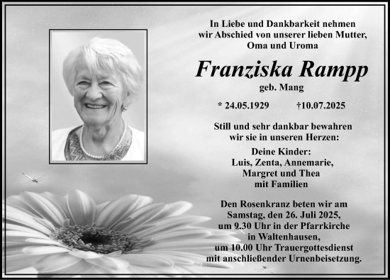 Traueranzeige von Franziska Rampp von Mittelschwäbische Nachrichten