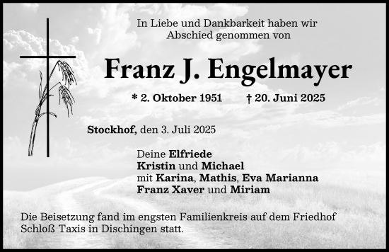Traueranzeige von Franz J. Engelmayer von Donau Zeitung