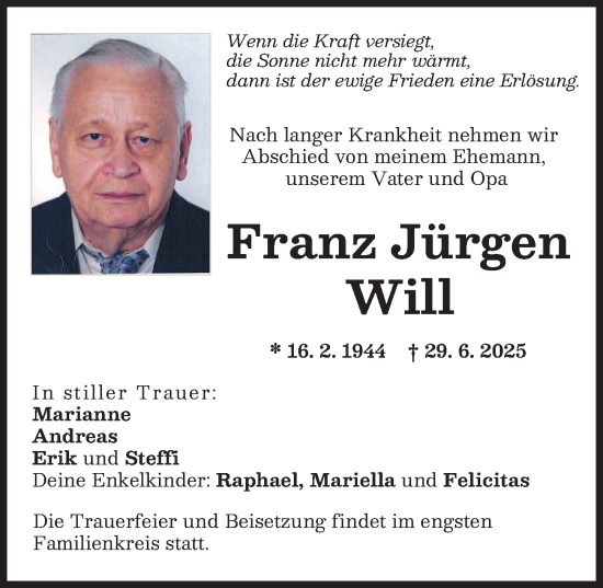 Traueranzeige von Franz Jürgen Will von Schwabmünchner Allgemeine
