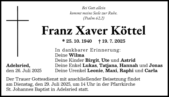 Traueranzeige von Franz Xaver Köttel von Augsburg-Land