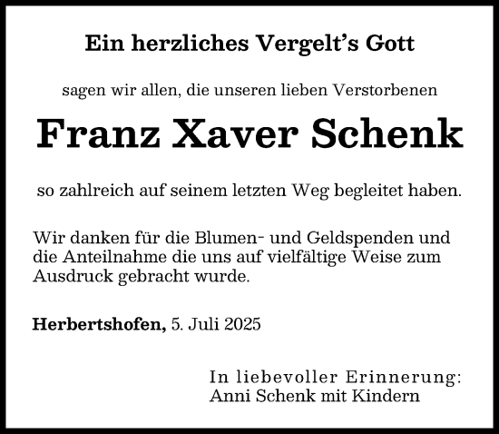 Traueranzeige von Franz Xaver Schenk von Augsburg-Land