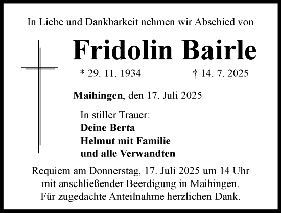 Traueranzeige von Fridolin Bairle von Rieser Nachrichten