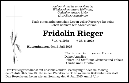 Traueranzeige von Fridolin Rieger von Augsburger Allgemeine