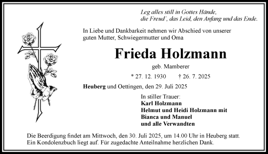 Traueranzeige von Frieda Holzmann von Rieser Nachrichten