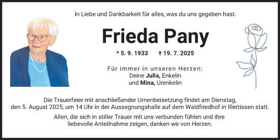 Traueranzeige von Frieda Pany von Illertisser Zeitung