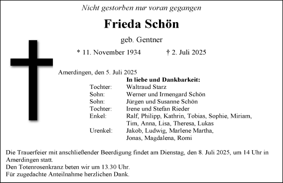 Traueranzeige von Frieda Schön von Rieser Nachrichten