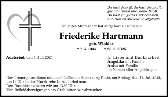 Traueranzeige von Friederike Hartmann von Augsburg-Land