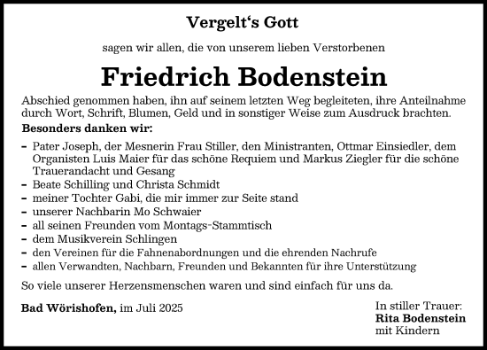 Traueranzeige von Friedrich Bodenstein von Mindelheimer Zeitung