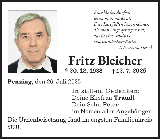 Traueranzeige von Fritz Bleicher von Landsberger Tagblatt