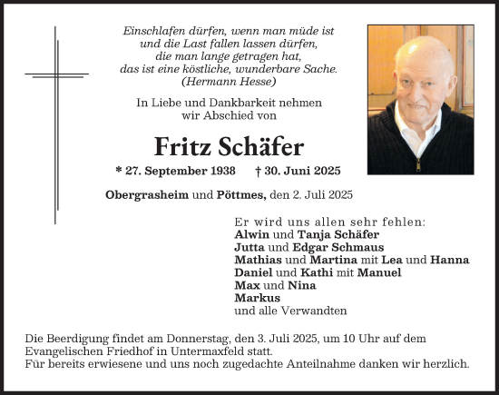 Traueranzeige von Fritz Schäfer von Neuburger Rundschau
