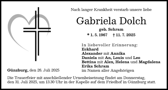Traueranzeige von Gabriela Dolch von Günzburger Zeitung