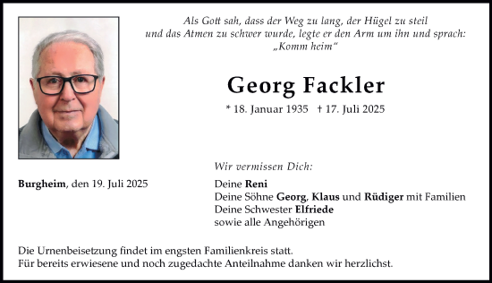 Traueranzeige von Georg Fackler von Neuburger Rundschau, Donauwörther Zeitung
