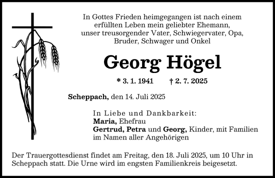 Traueranzeige von Georg Högel von Günzburger Zeitung
