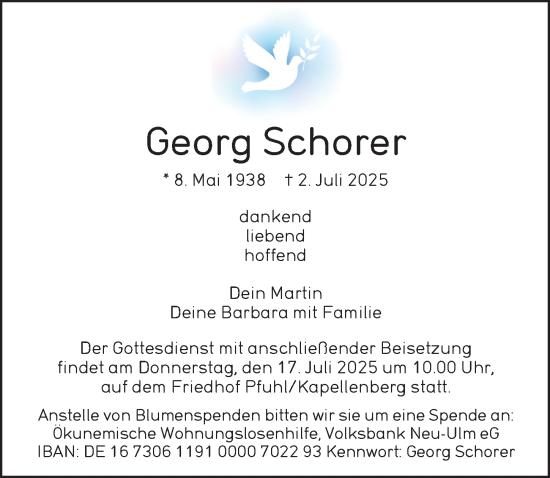 Traueranzeige von Georg Schorer von Neu-Ulmer Zeitung, Augsburger Allgemeine