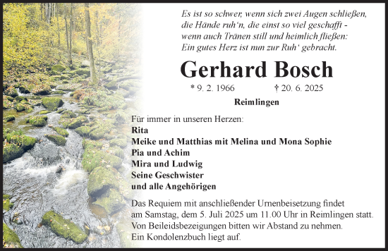 Traueranzeige von Gerhard Bosch von Rieser Nachrichten