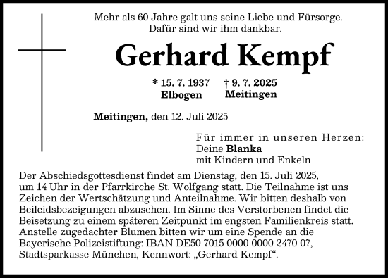Traueranzeige von Gerhard Kempf von Augsburg-Land