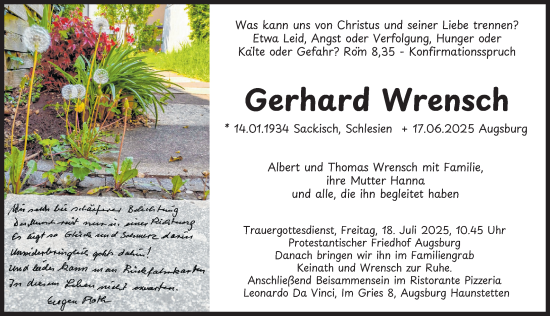 Traueranzeige von Gerhard Wrensch von Augsburger Allgemeine