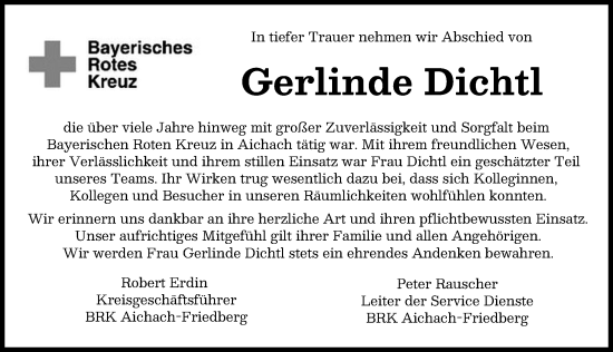 Traueranzeige von Gerlinde Dichtl von Aichacher Nachrichten